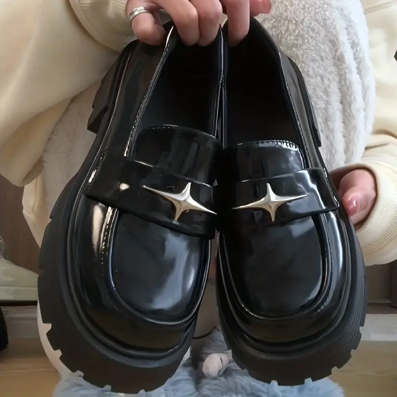 Women's Platform Loafers, Star Decor Round Toe Faux Leather Shoes, Casual All-Match Loafers