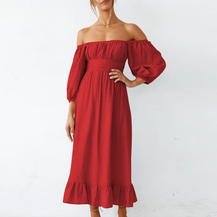 (Bright Red L)Dress Half Puff Sleeve Neck Backless Flounce Hem High HG5