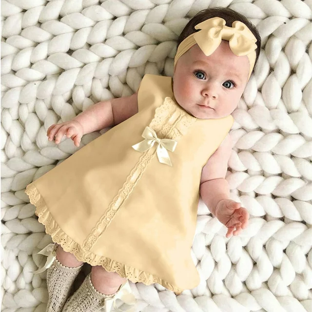 LoyisViDion Baby Girls Dress Clearance Newborn Baby Girl Sleeveless Casual Maxi Bow Dress+Headband Set Outfit Beige 18-24 Months