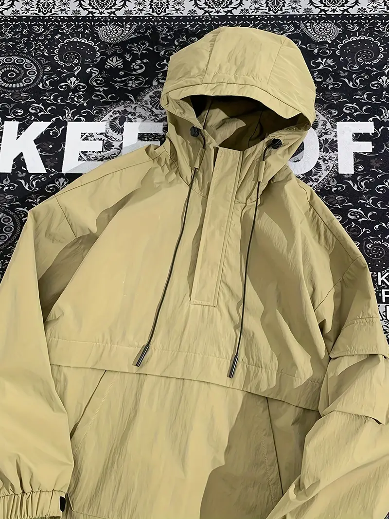 Men's Stylish 100% Nylon Solid Windbreaker With Pockets, Active Breathable Lapel Zip Up Long Sleeve Hooded Jacket For Hiking Jogging Cycling Outdoor Fitness Workout